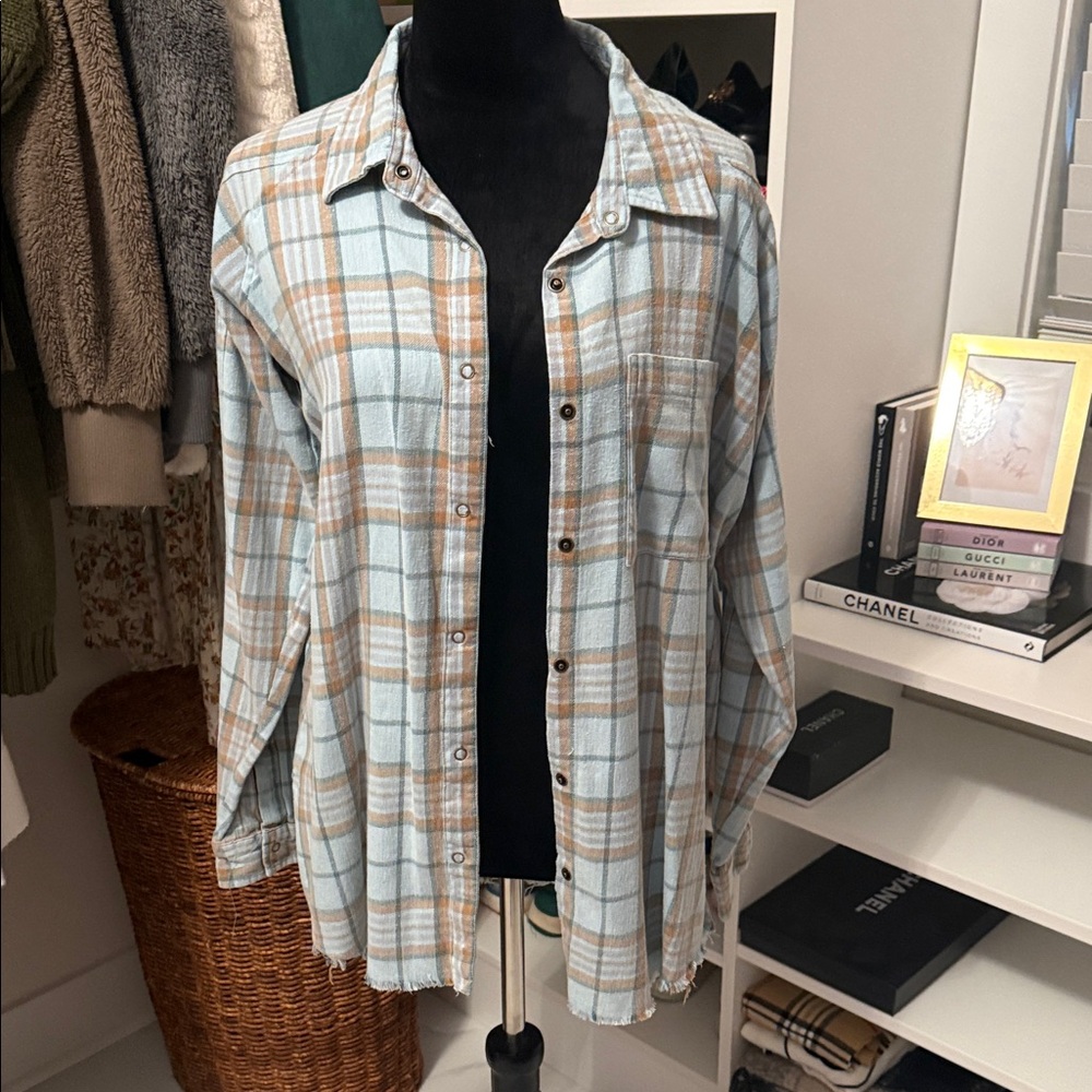Blue & Brown Plaid Button Down Shirt. Super soft & light weight.